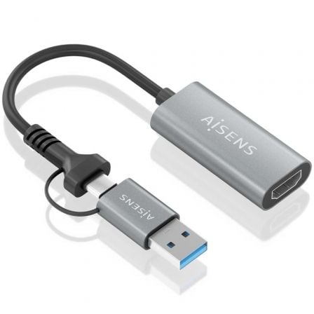 --Conversor HDMI Aisens A109-0913/ USB + USB Tipo-C 3.1 Macho - HDMI Macho/ 15cm/ Gris-