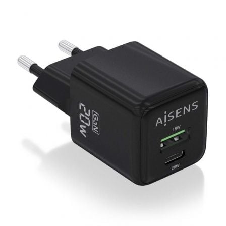 --Cargador de Pared GaN Aisens ASCH-20W2P011-BK/ 1xUSB Tipo-C/ 1xUSB/ 20W-