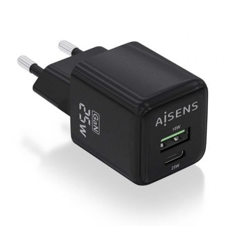 --Cargador de Pared GaN Aisens ASCH-25W2P015-BK/ 1xUSB Tipo-C/ 1xUSB/ 25W-