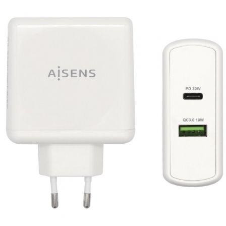 --Cargador de Pared Aisens ASCH-2PD30QC-W/ 1xUSB Tipo-C/ 1x USB/ 48W-