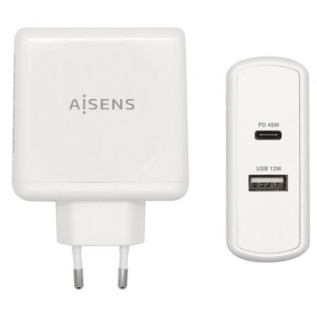 --Cargador de Pared Aisens ASCH-2PD45A-W/ 1xUSB Tipo-C/ 1x USB/ 57W-
