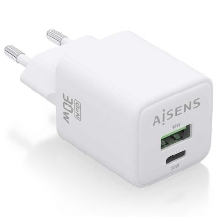 --Cargador de Pared GaN Aisens ASCH-30W2P037-W/ 1xUSB Tipo-C/ 1xUSB/ 30W-