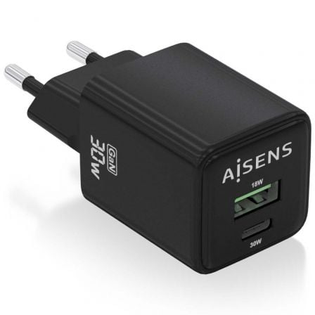 --Cargador de Pared GaN Aisens ASCH-30W2P038-BK/ 1xUSB Tipo-C/ 1xUSB/ 30W-
