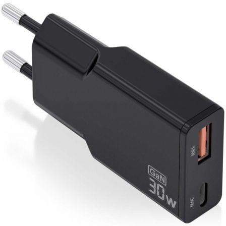 --Cargador de Pared GaN Aisens ASCH-30W2P047-BK/ 1xUSB Tipo-C/ 1xUSB/ 30W/ Negro-