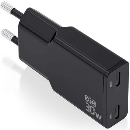 --Cargador de Pared GaN Aisens ASCH-30W2P049-BK/ 2xUSB Tipo-C/ 30W/ Negro-