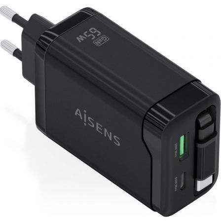 --Cargador de Pared GaN Aisens ASCH-65W3P071-BK/ 1xUSB Tipo-C/ 1xUSB/ 65W/ Negro-
