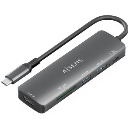 --Docking USB Tipo-C Aisens ASUC-5P011-GR/ 1xHDMI 4K/ 2xUSB/ 1xUSB Tipo-C PD/ 1xLector Tarjetas/ Gris-