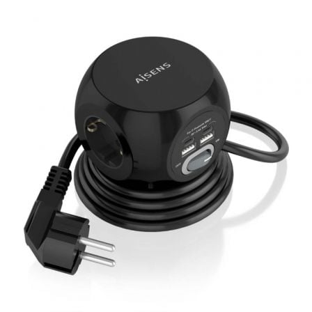 --Regleta con Interruptor Aisens ASPS-2A2C05-BK/ 3 Tomas de Corriente/ 2 USB Tipo-C/ 2 USB/ Cable 1.4m/ Negro-