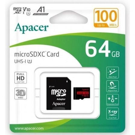 --Tarjeta de Memoria Apacer 64GB XC UHS 1 con Adaptador/ Clase 10/ 100MBs-