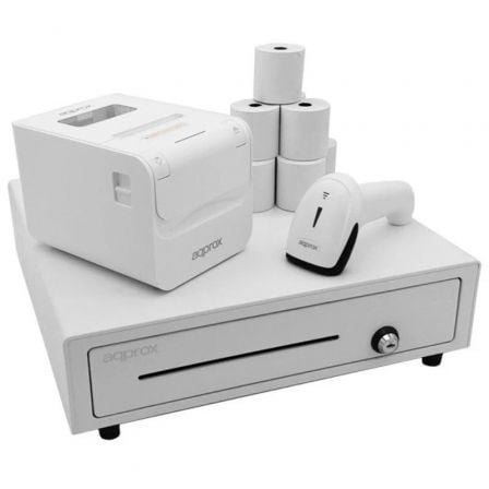 --Pack Approx appPOSPACK4180WH V2 Cajón Portamonedas/ Impresora Térmica/ Lector de Códigos y Rollos Térmicos-