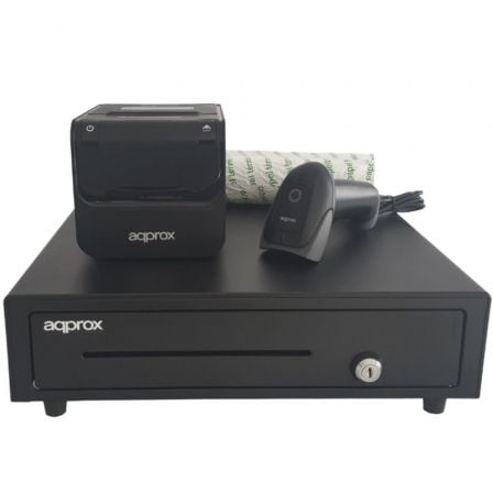 --Pack para TPV Approx appPOSPACK4180-2D/ Cajón Portamonedas + Impresora Térmica de Tickets + Lector de Códigos + Rollos Térmicos-