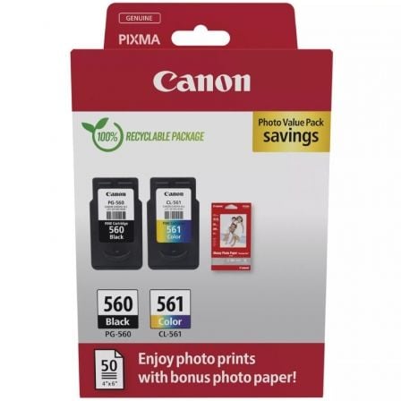 --Cartucho de Tinta Original Canon PG-560 + CL-561 Multipack/ Negro/ Tricolor + Papel Fotográfico-
