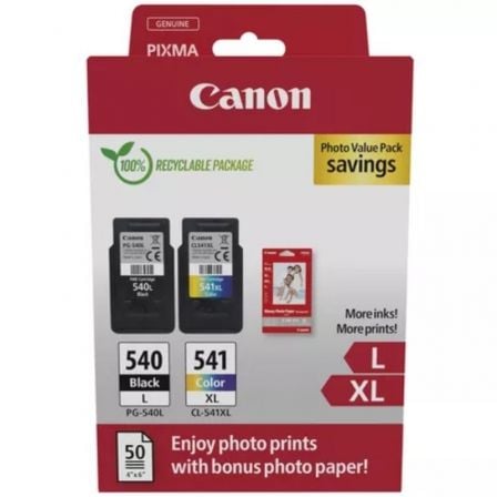 --Cartucho de Tinta Original Canon PG-540L + CL-541 XL Multipack Alta Capacidad/ Negro/ Tricolor + Papel Fotográfico-