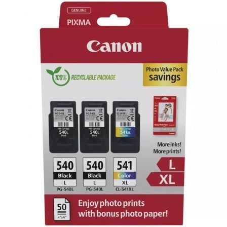 --Cartucho de Tinta Original Canon PG-540L + CL-541 XL Multipack Alta Capacidad/ 2x Negro/ Tricolor + Papel Fotográfico-