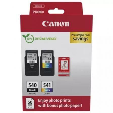 --Cartucho de Tinta Original Canon PG-540 + CL-541 Multipack/ Negro/ Tricolor + Papel Fotográfico-