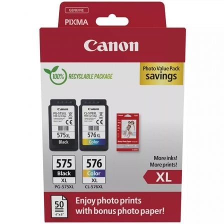 --Cartucho de Tinta Original Canon PG-575XL + CL576XL Multipack Alta Capacidad/ Negro/ Tricolor + Papel Fotográfico-