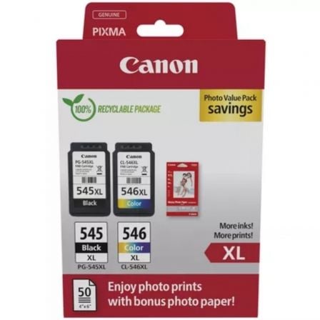 --Cartucho de Tinta Original Canon PG-545XL + CL546XL Multipack Alta Capacidad/ Negro/ Tricolor + Papel Fotográfico-