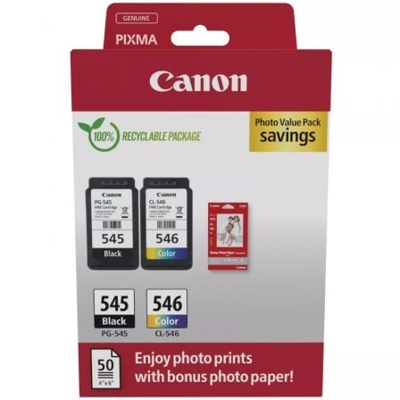 --Cartucho de Tinta Original Canon PG-545 + CL-546 Multipack/ Negro/ Tricolor + Papel Fotográfico-