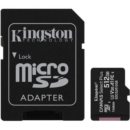 --Tarjeta de Memoria Kingston CANVAS Select Plus 512GB microSD XC con Adaptador/ Clase 10/ 100MBs-