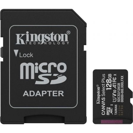 --Tarjeta de Memoria Kingston CANVAS Select Plus 128GB microSD XC con Adaptador/ Clase 10/ 150MBs-