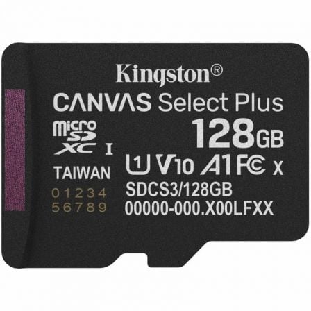 --Tarjeta de Memoria Kingston CANVAS Select Plus 128GB microSD XC/ Clase 10/ 150MBs-