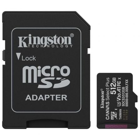 --Tarjeta de Memoria Kingston CANVAS Select Plus 512GB microSD XC con Adaptador/ Clase 10/ 150MBs-