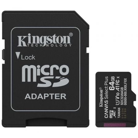 --Tarjeta de Memoria Kingston CANVAS Select Plus 64GB microSD XC con Adaptador/ Clase 10/ 100MBs-