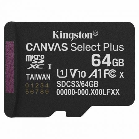 --Tarjeta de Memoria Kingston CANVAS Select Plus 64GB microSD XC/ Clase 10/ 100MBs-