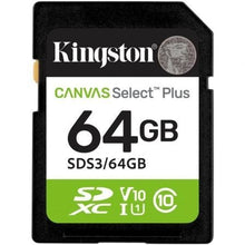 --Tarjeta de Memoria Kingston CANVAS Select Plus 64GB SD XC/ Clase 10/ 100MBs-
