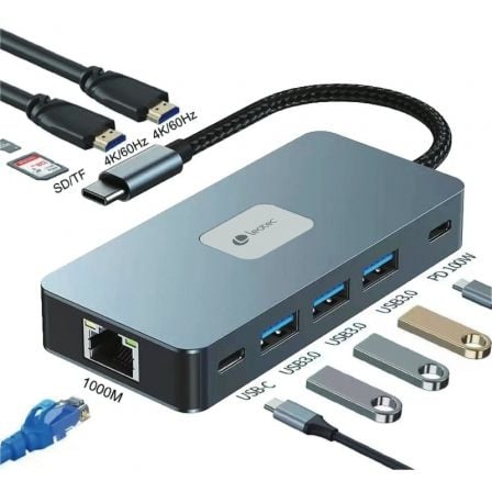--Docking USB Tipo-C Leotec LEDS02/ 3xUSB/ 1xUSB Tipo-C/ 1xUSB Tipo-C PD/ 2xHDMI 4K/ 1xRJ45/ 1xLector Tarjetas SD y MicroSD/ Gris-