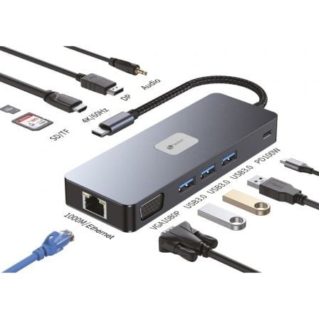 --Docking USB Tipo-C Leotec LEDS03/ 3xUSB/ 1xUSB Tipo-C PD/ 1xHDMI 4K/ 1xDisplayPort/ 1xVGA/ 1xAudio/ 1xRJ45/ 1xLector Tarjetas SD y MicroSD/ Gris-
