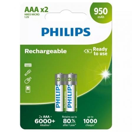 --Pack de 2 Pilas AAA Philips R03B2A95/10/ 1.2V/ Recargables-