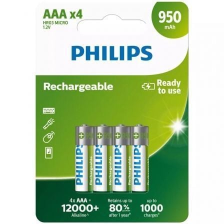 --Pack de 4 Pilas AAA Philips R03B4A95/10/ 1.2V/ Recargables-