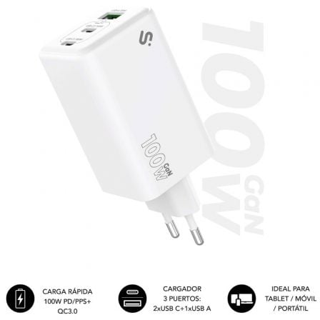 --Cargador de Pared GaN Subblim 100W Charger USB C+C+A/ 2xUSB Tipo-C/ 1xUSB/ 100W-