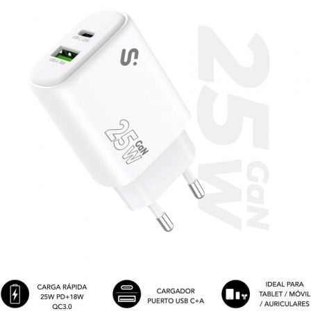 --Cargador de Pared GaN Subblim 25W Charger USB C+A/ 1xUSB Tipo-C/ 1xUSB/ 25W-