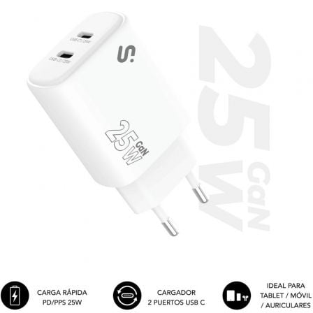 --Cargador de Pared GaN Subblim 25W Charger USB C+C/ 2xUSB Tipo-C/ 25W-