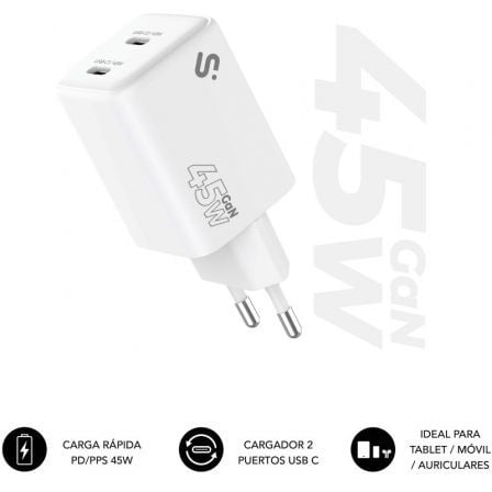 --Cargador de Pared GaN Subblim 45W Charger USB C+C/ 2xUSB Tipo-C/ 45W-