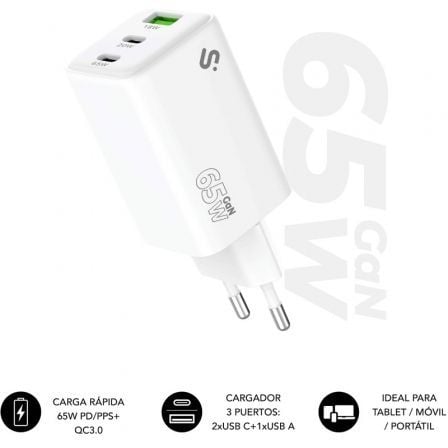--Cargador de Pared GaN Subblim 65W Charger USB C+C+A/ 2xUSB Tipo-C/ 1xUSB/ 65W-
