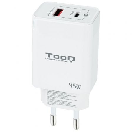 --Cargador de Pared GaN TooQ TQWC-GANQCPD45WT/ 1xUSB Tipo-C/ 1xUSB/ 45W-