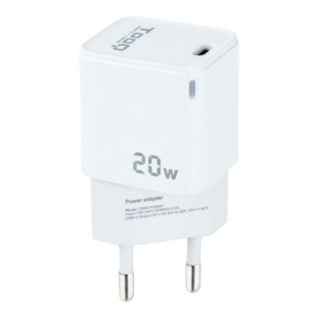 --Cargador de Pared TooQ TQWC-PD20WT/ 1xUSB Tipo-C/ 20W/ Blanco-