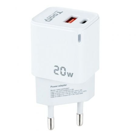 --Cargador de Pared TooQ TQWC-QCPD20WT/ 1xUSB-Tipo C/ 1x USB/ 20W/ Blanco-