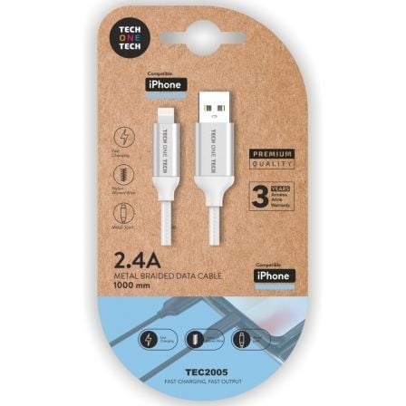 --Cable USB 2.0 Tech One Tech TEC2005/ USB Macho - Lightning Macho/ 1m/ Blanco-