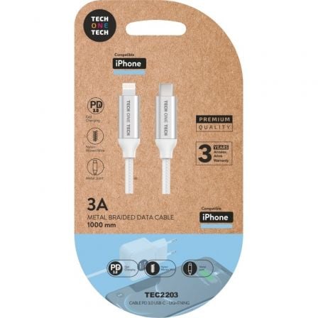 --Cable USB Tipo-C Lightning Tech One Tech TEC2203/ Lightning Macho - USB Tipo-C Macho/ Hasta 20W/ 480Mbps/ 1m/ Blanco-