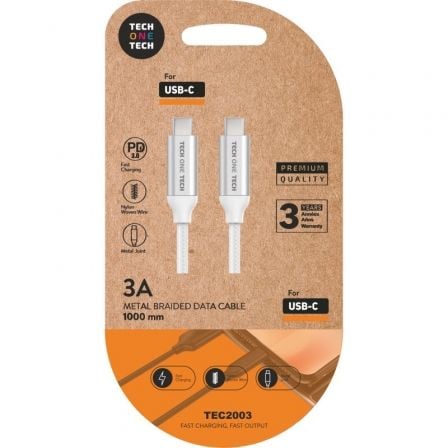 --Cable USB 2.0 Tipo-C Tech One Tech TEC2204/ USB Tipo-C Macho - USB Tipo-C Macho/ Hasta 20W/ 480Mbps/ 1m/ Blanco-