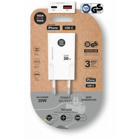 --Cargador de Pared GaN Tech One Tech GaN TEC2230/ 1xUSB Tipo-C/ 1xUSB/ 30W/ Blanco-