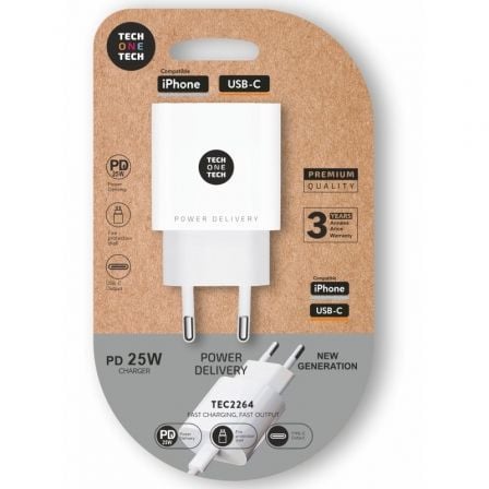 --Cargador de Pared Tech One Tech TEC2264/ 1xUSB Tipo-C/ 25W/ Blanco-