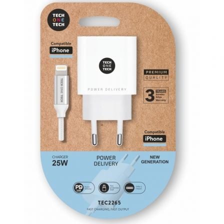 --Cargador de Pared Tech One Tech TEC2265/ 1xUSB Tipo-C + Cable Lightning/ 3A/ Blanco-