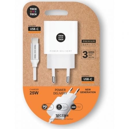 --Cargador de Pared Tech One Tech TEC2266/ 1xUSB Tipo-C + Cable USB Tipo-C/ 3A/ Blanco-