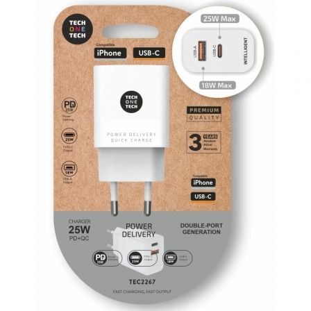 --Cargador de Pared Tech One Tech TEC2267/ 1xUSB Tipo-C/ 1xUSB/ 3A/ Blanco-