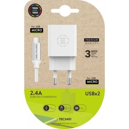 --Cargador de Pared Tech One Tech TEC2401/ 2xUSB + Cable Micro USB/ 12W/ Blanco-